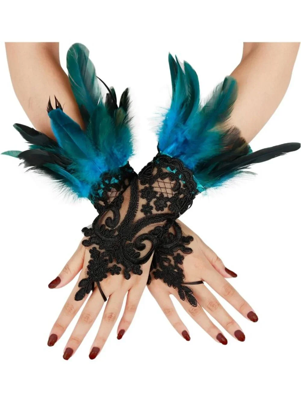 Gothic Black Lace Feather Long Gloves for Women - Halloween Witch Costume